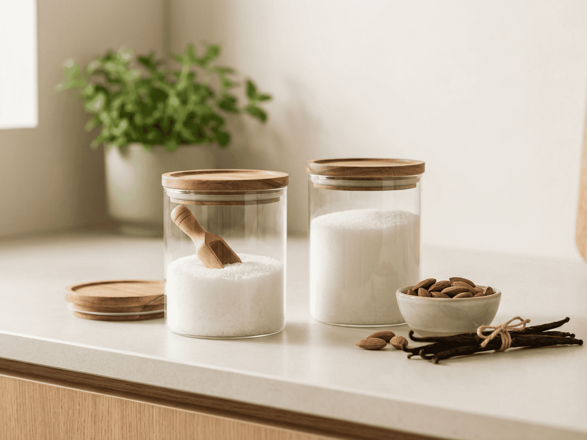 Zamienniki cukru do ciasta — erytrytol, stewia i daktyle obok foremek do pieczenia