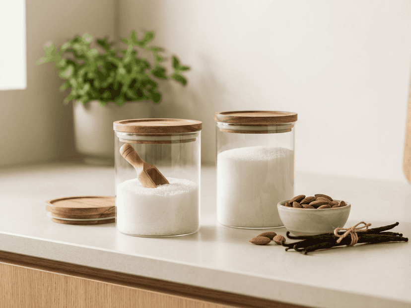 Zamienniki cukru do ciasta — erytrytol, stewia i daktyle obok foremek do pieczenia