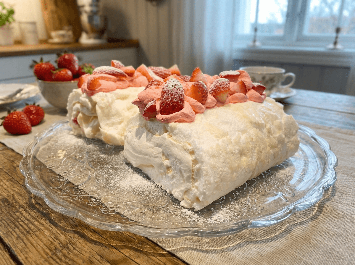 Rolada bezowa bez cukru z kremem i świeżymi truskawkami na szklanym talerzu