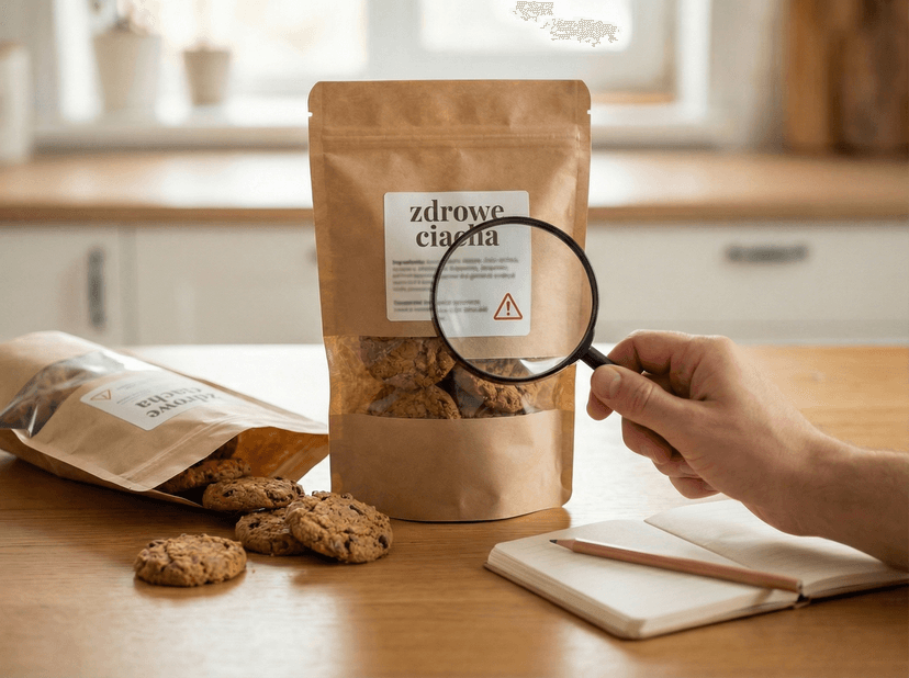 Dłoń z lupą nad opakowaniem ciastek z etykietą — analiza składu słodyczy bez cukru