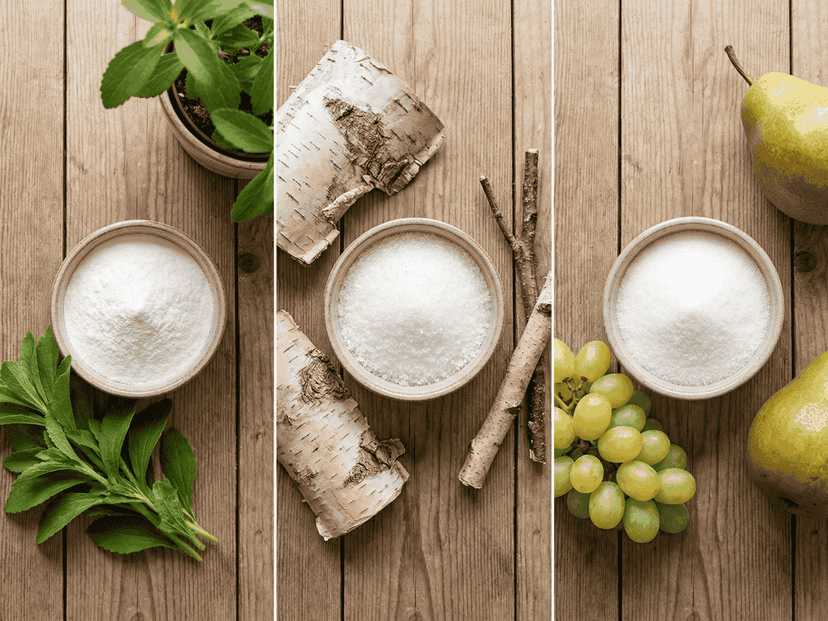 Trzy miseczki ze słodzikami obok naturalnych źródeł: stewia, kora brzozowa i gruszka z winogronem