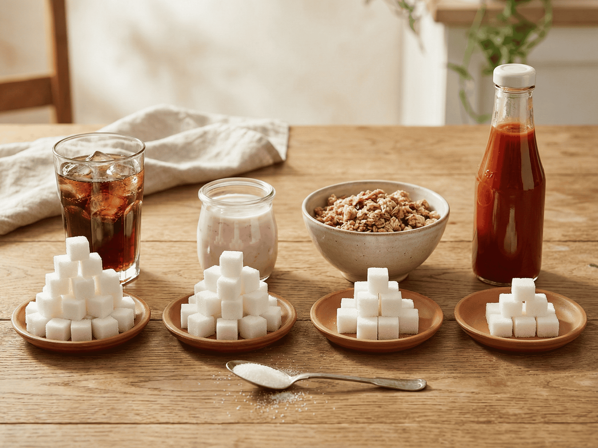 Kostki cukru na drewnianych talerzach obok coli, płatków i syropu — źródła ukrytego cukru w diecie