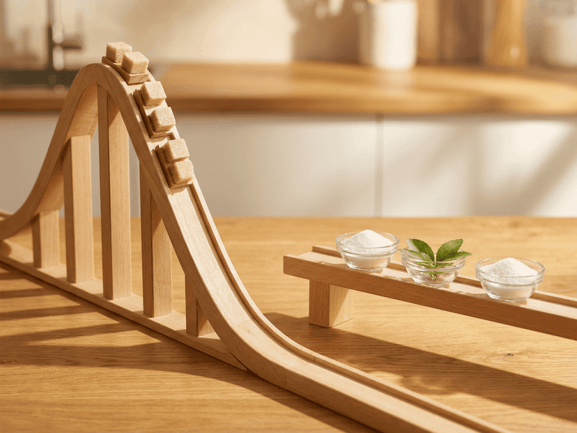 Drewniana zjeżdżalnia z kostkami cukru obok miseczek ze słodzikami — wizualizacja indeksu glikemicznego