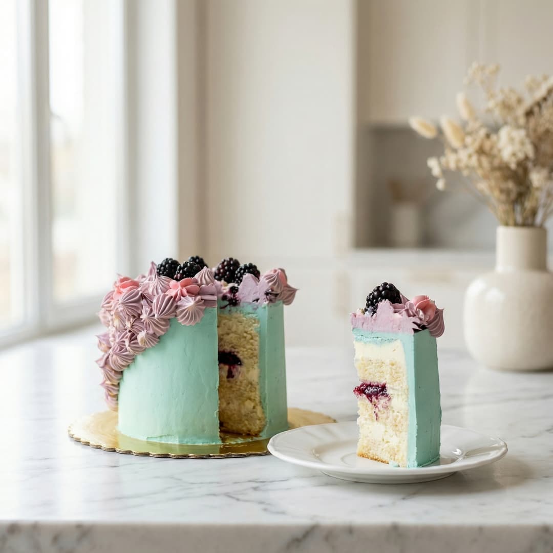 Tort bez cukru z miętowym kremem, różowymi różyczkami i jeżynami — przekrój ukazuje warstwy pistacjowe i waniliowe