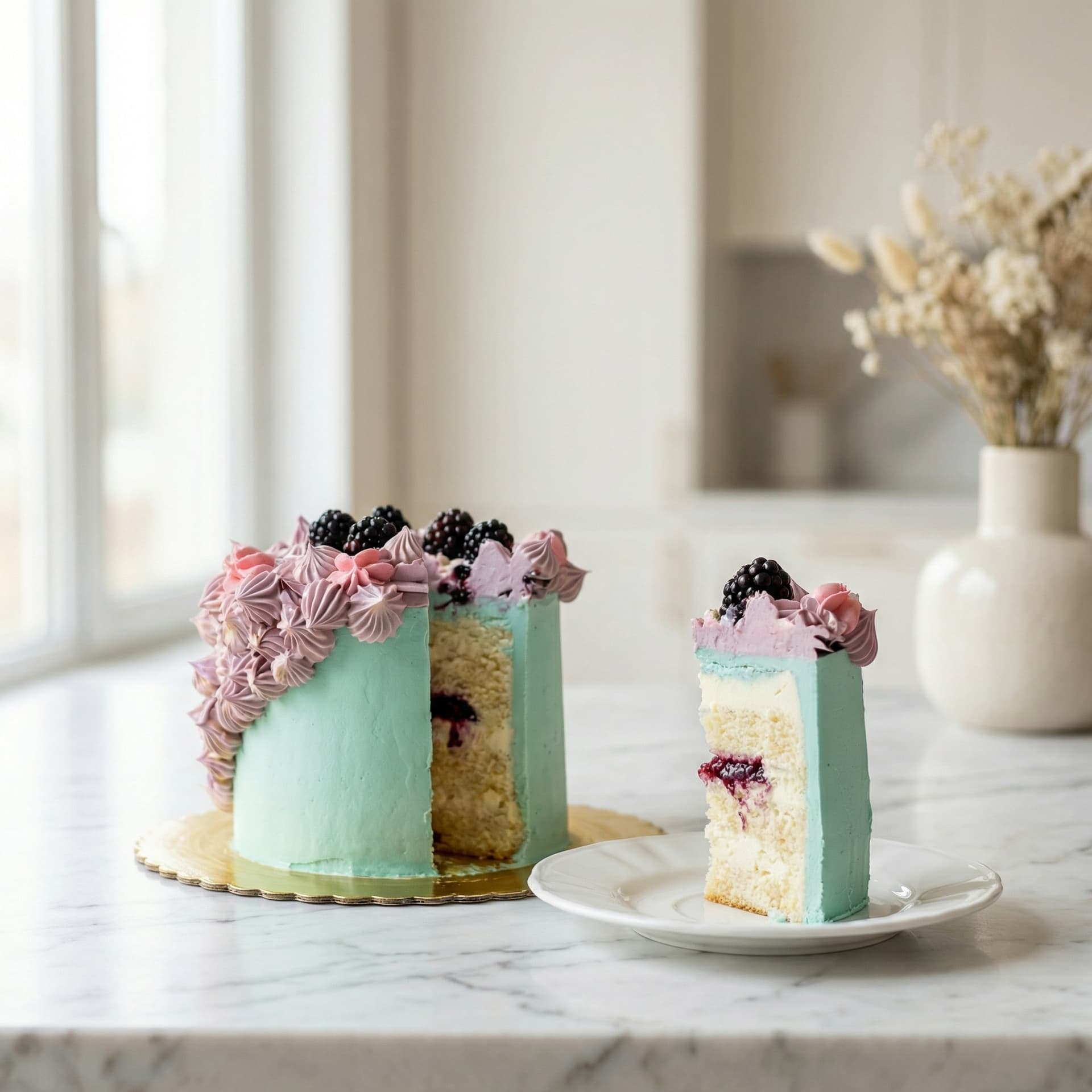 Tort bez cukru z miętowym kremem, różowymi różyczkami i jeżynami — przekrój ukazuje warstwy pistacjowe i waniliowe