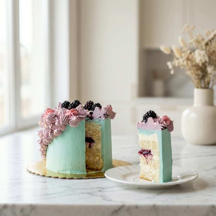 Tort bez cukru z miętowym kremem, różowymi różyczkami i jeżynami — przekrój ukazuje warstwy pistacjowe i waniliowe