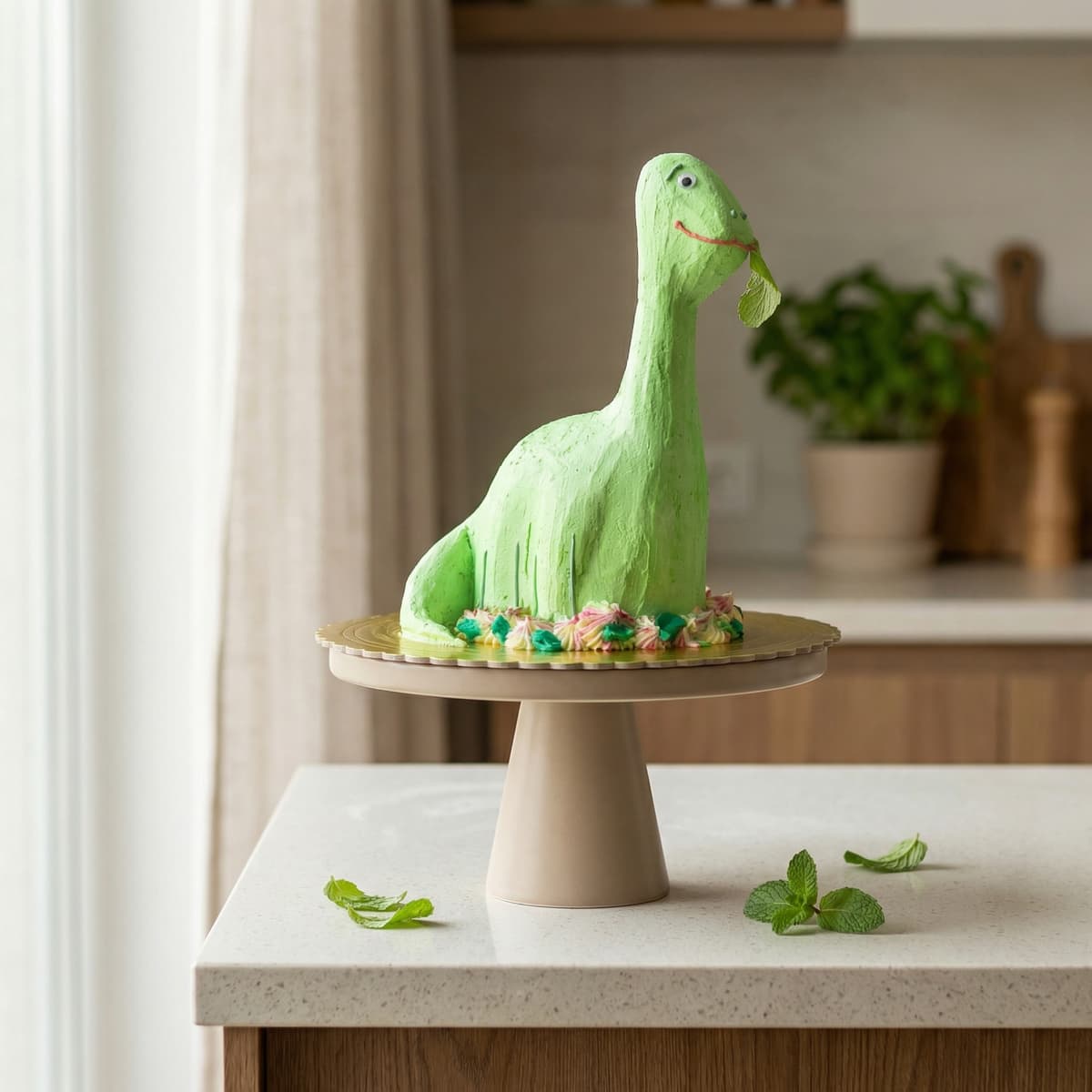 Kreatywny tort urodzinowy bez cukru w kształcie dinozaura w intensywnym zielonym kolorze