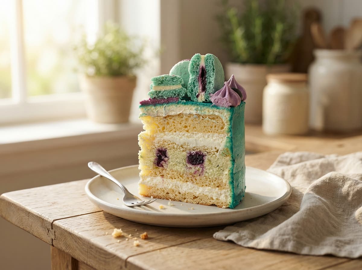 Przekrój warstwowego tortu bez cukru z kremem waniliowym i pistacjowym