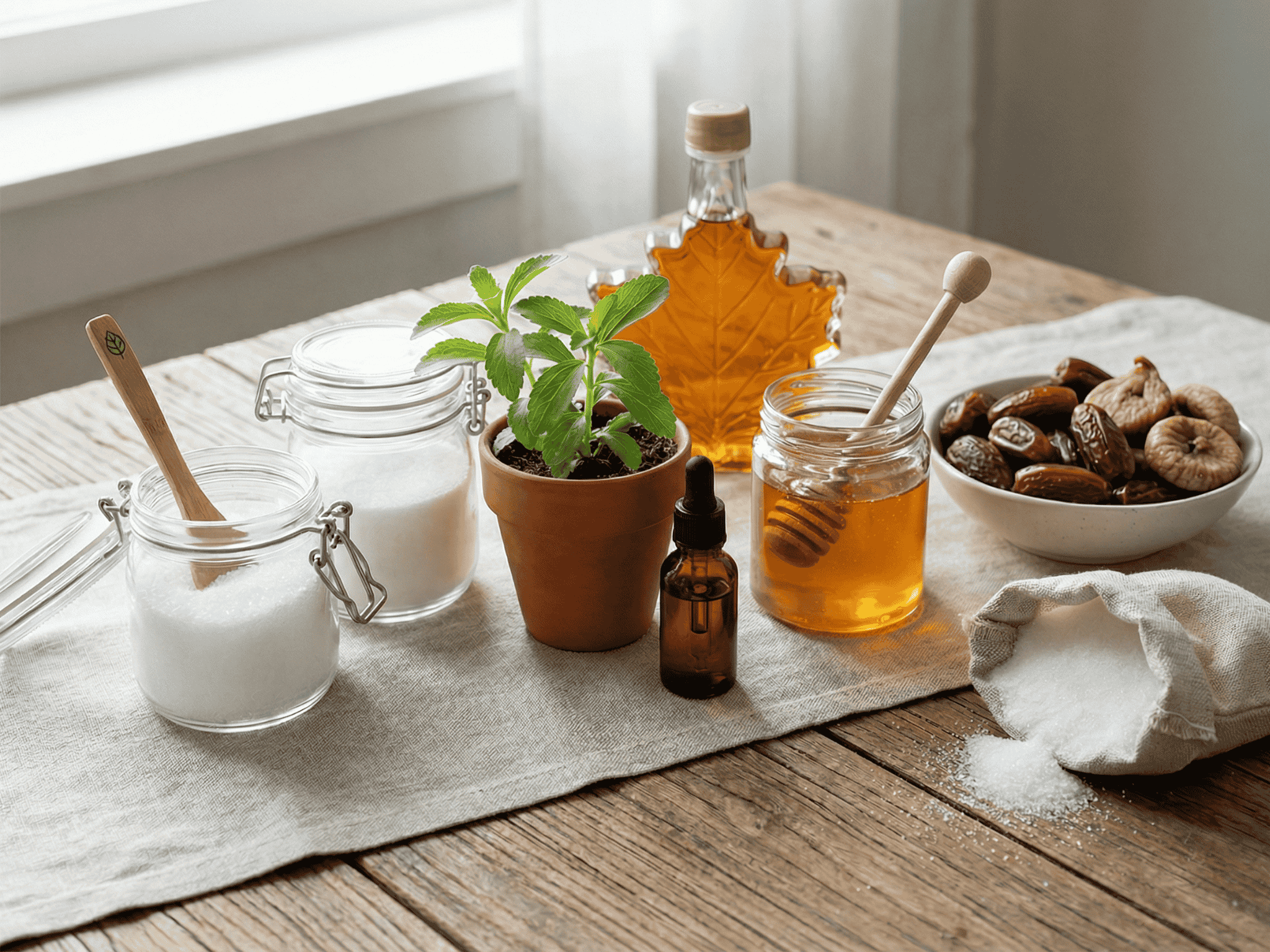 Naturalne zamienniki cukru: słoiki z cukrem kokosowym, miodem, daktyle i mięta na białym obrusie