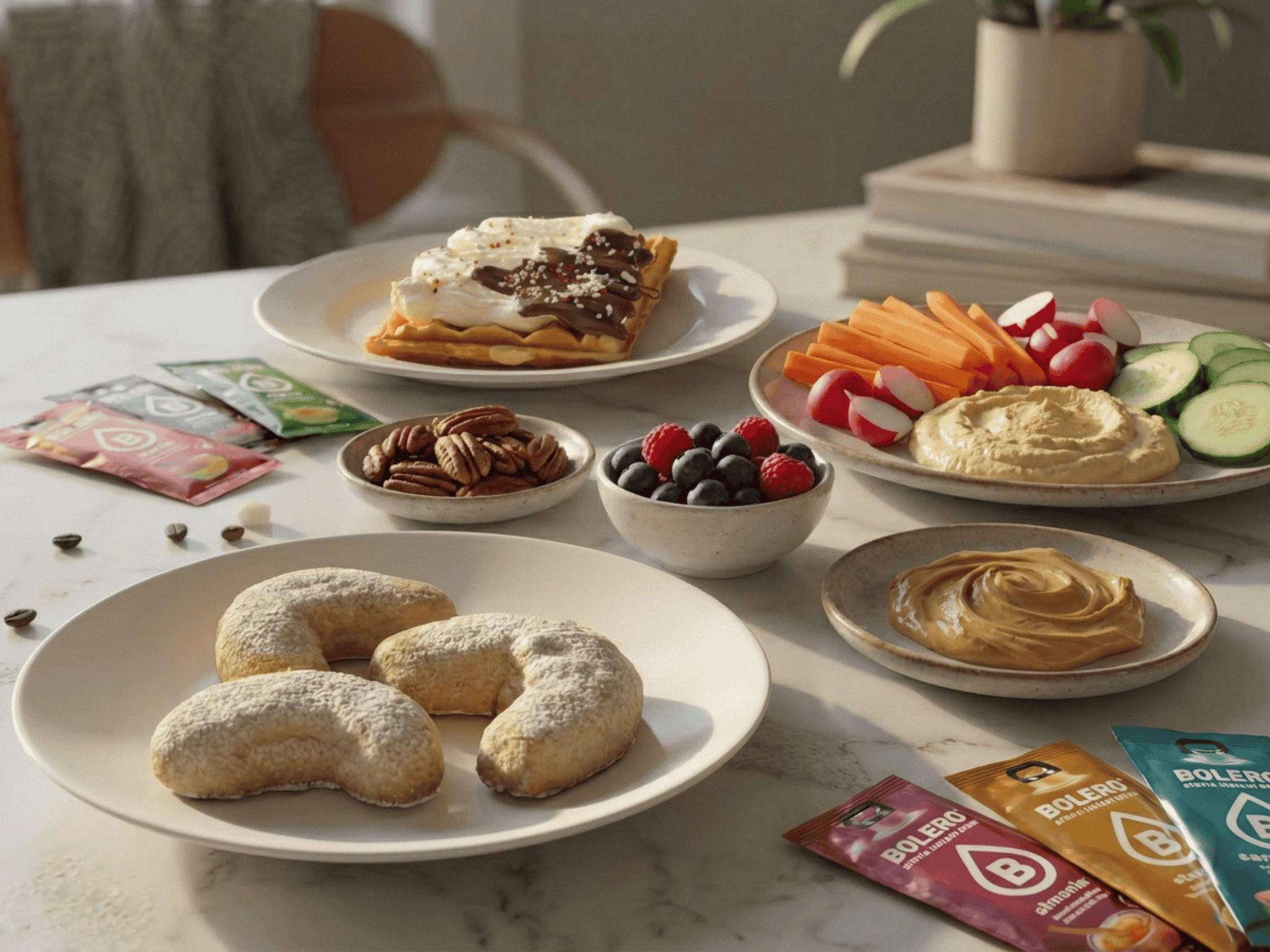 Kolorowe zdrowe posiłki bez cukru — owoce, orzechy i jogurt na drewnianym stole