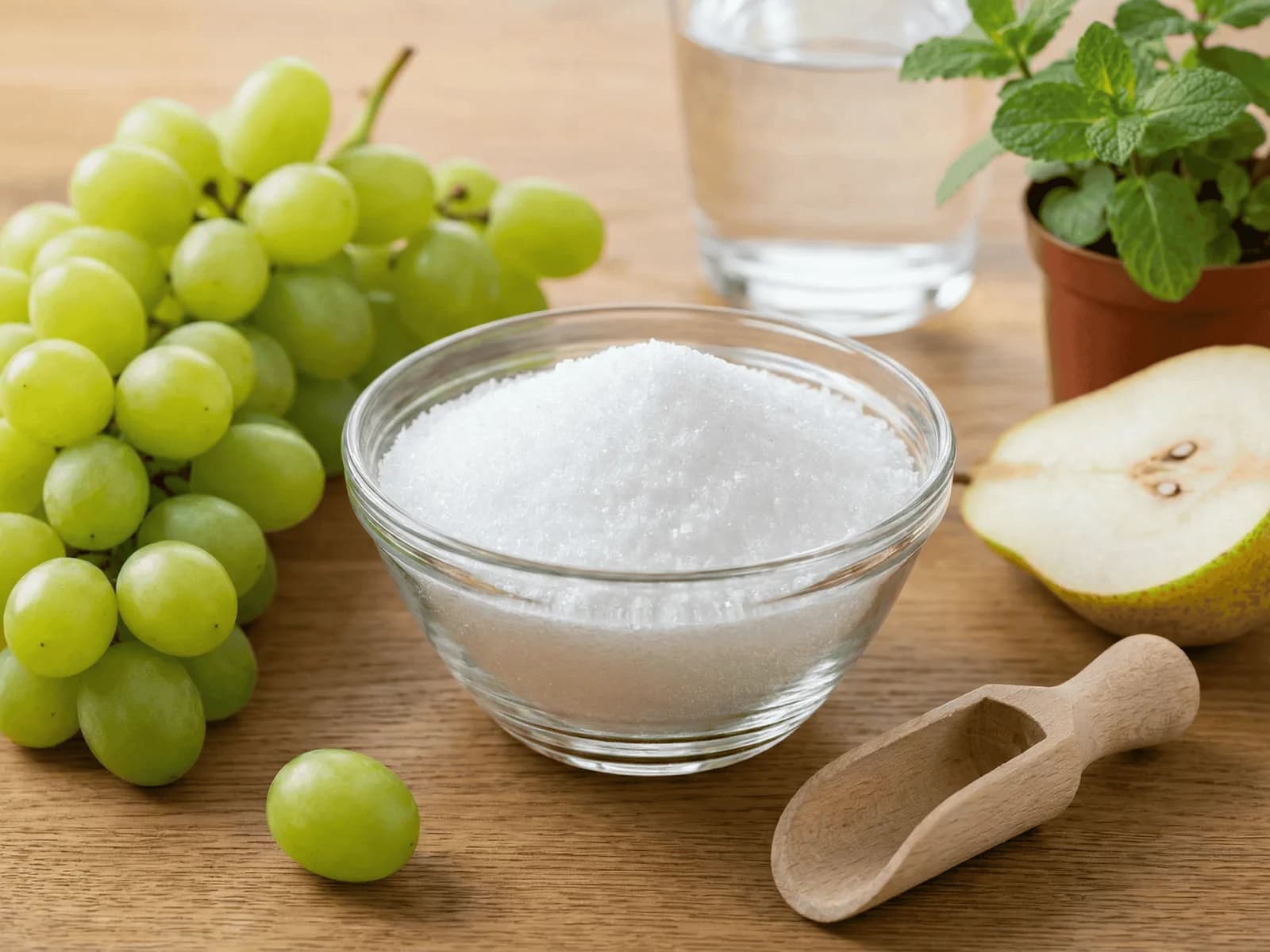 Erytrytol w szklanej miseczce obok winogron, gruszki i mięty - naturalny zamiennik cukru
