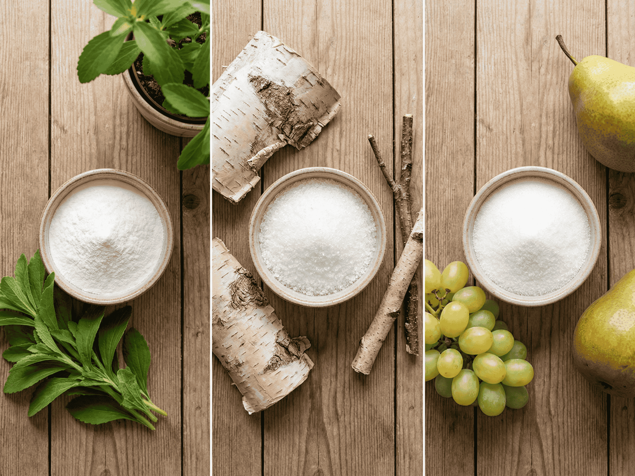 Trzy miseczki ze słodzikami obok naturalnych źródeł: stewia, kora brzozowa i gruszka z winogronem