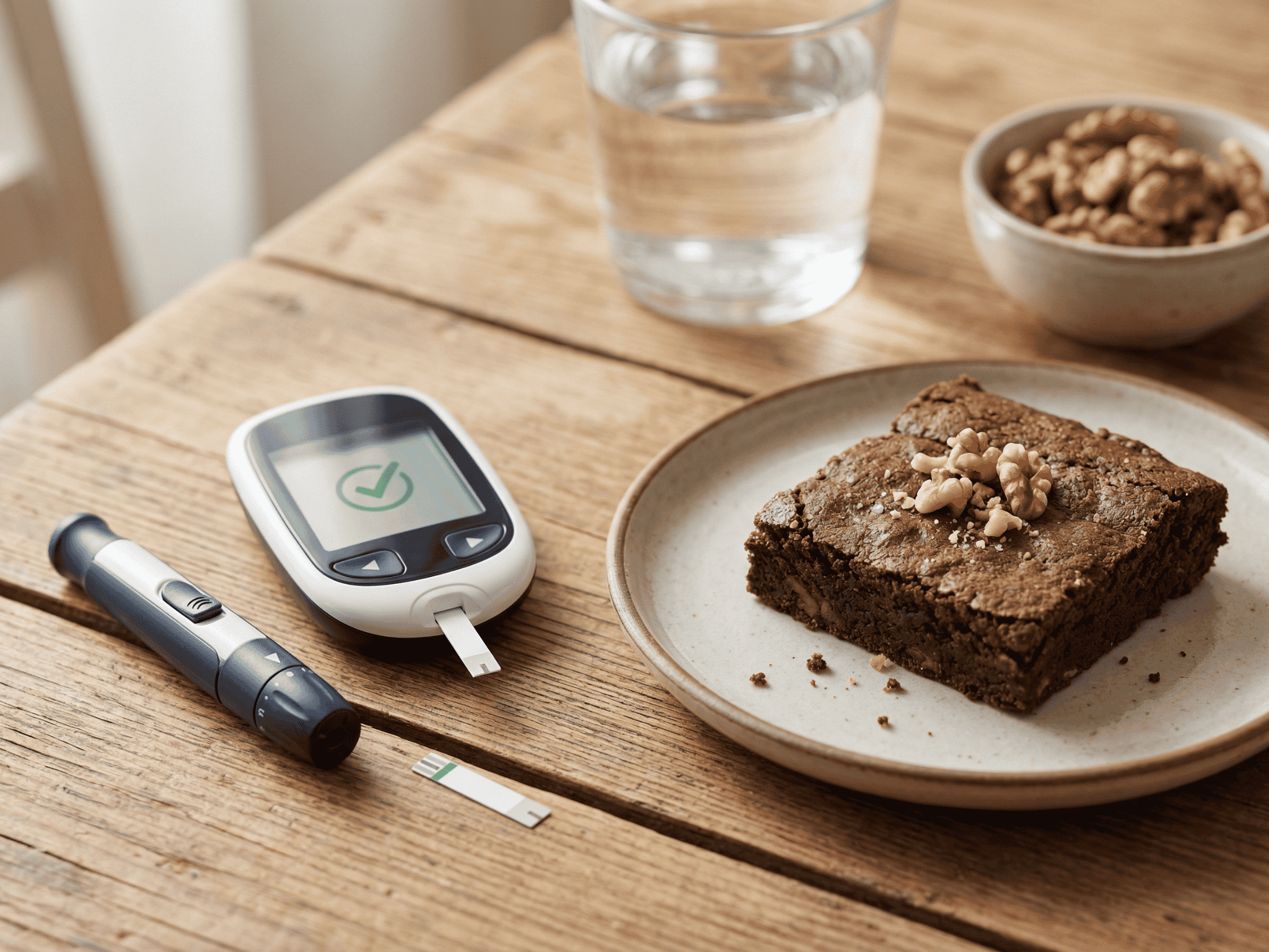 Glukometr, nakłuwacz i brownie z orzechami na drewnianym stole — cukrzyca a słodycze bez cukru