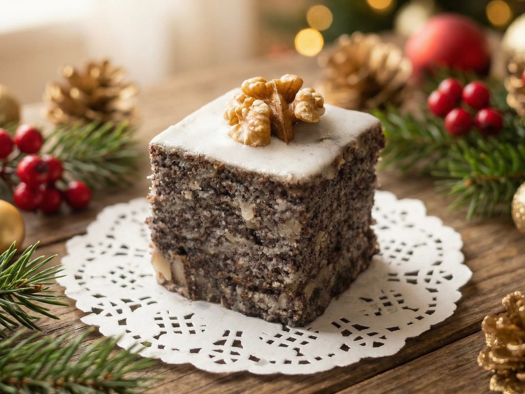 Makowiec bez cukru z lukrem i orzechem włoskim na serwetce wśród świątecznych dekoracji