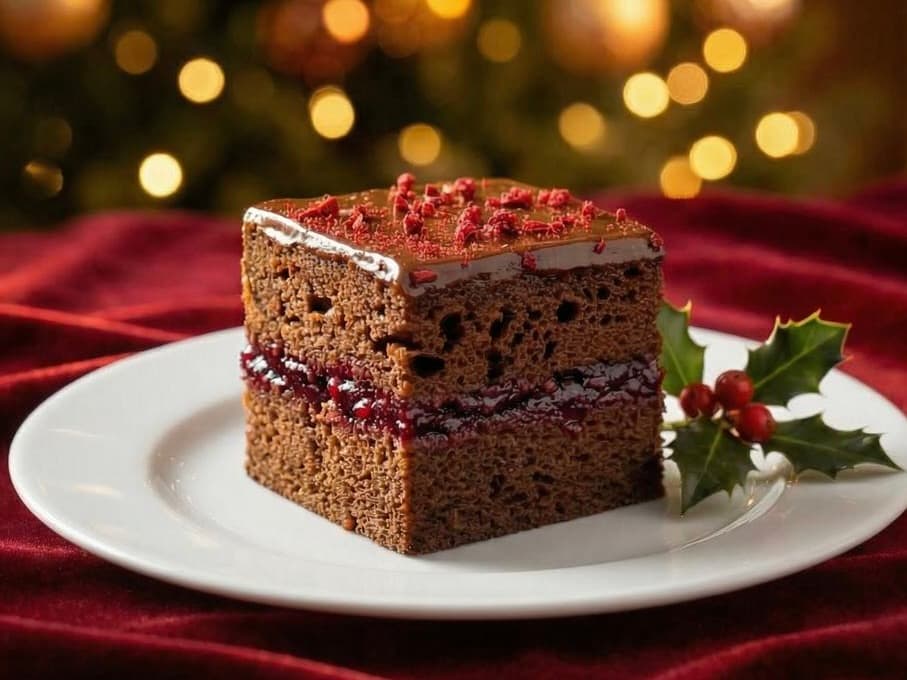 Piernik czekoladowy bez cukru z konfiturą malinową i dekoracją z ostrokrzewu na drewnianej desce