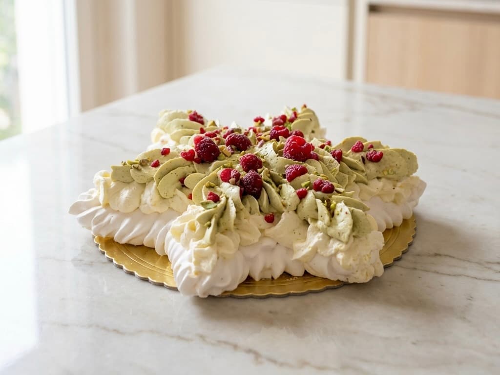 Pavlova w kształcie gwiazdy z malinami, pistacjami i płatkami róży — świąteczny deser bez cukru