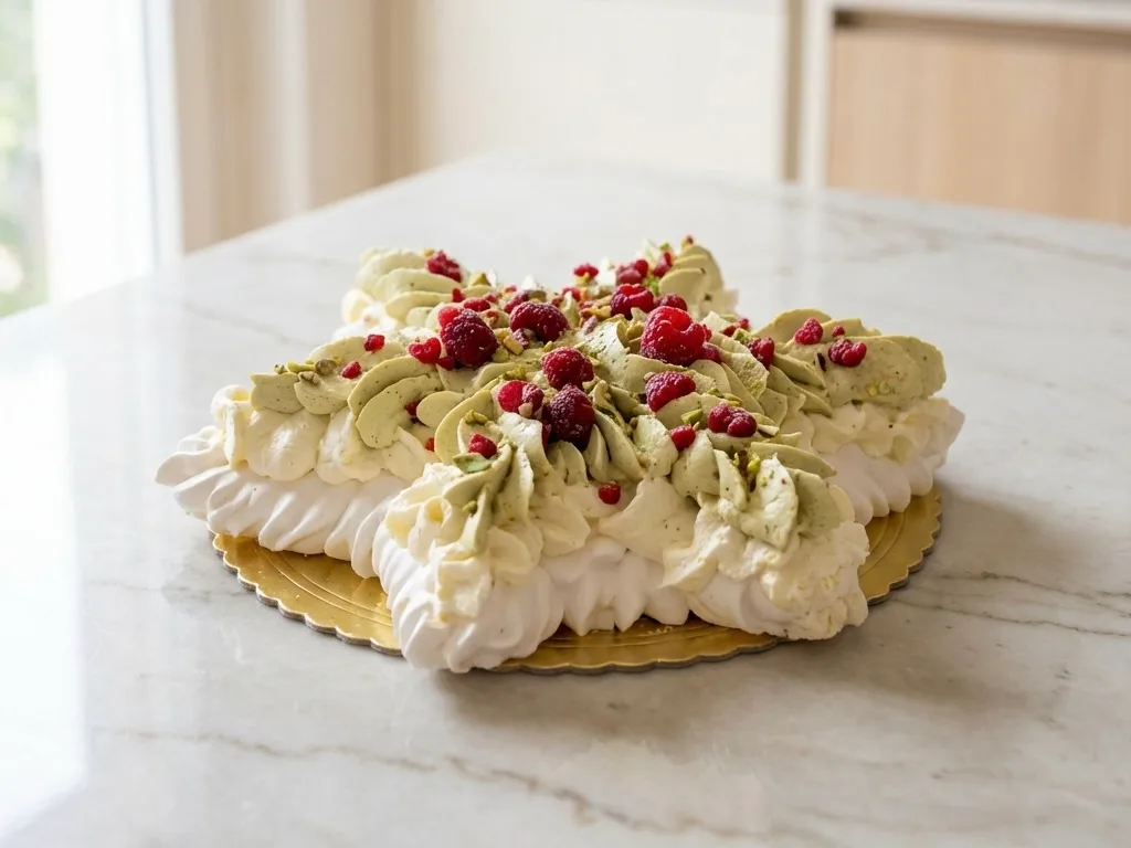 Pavlova w kształcie gwiazdy z malinami, pistacjami i płatkami róży - świąteczny deser bez cukru