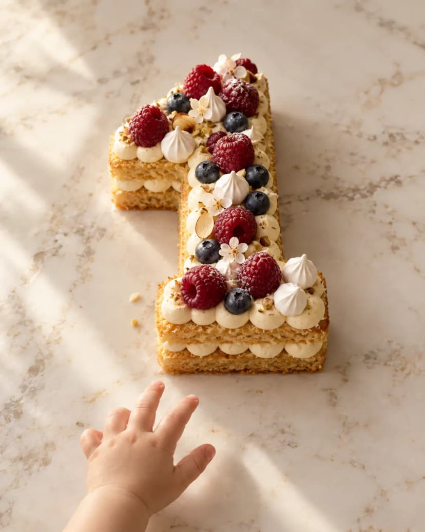 Tort w kształcie cyfry 1 z kremem, bezami, malinami i borówkami