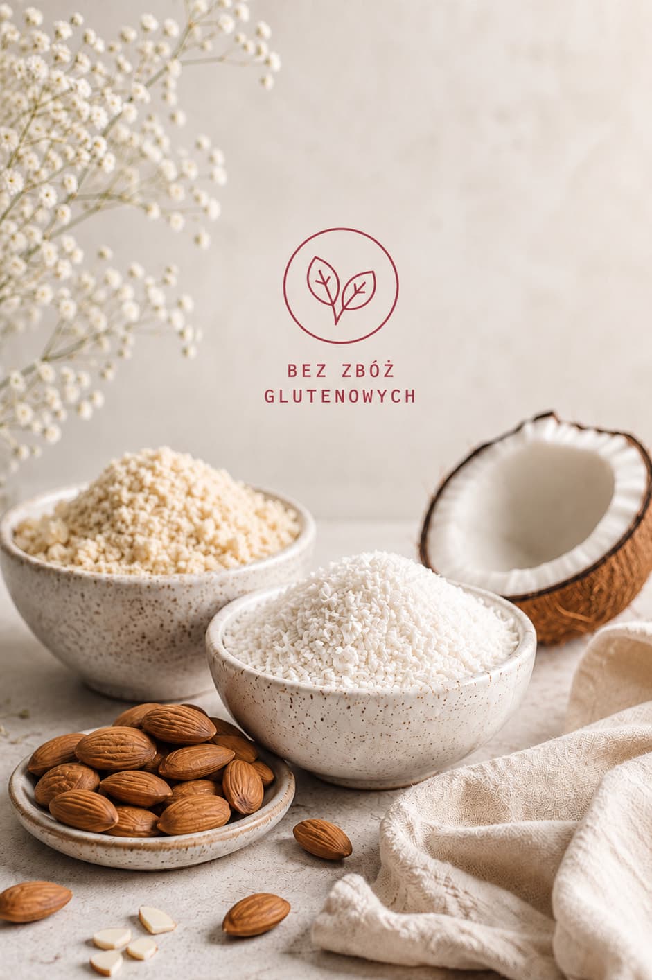 Miski mąki migdałowej i wiórków kokosowych, obok migdały i przekrojony kokos. Napis: bez zbóż glutenowych.