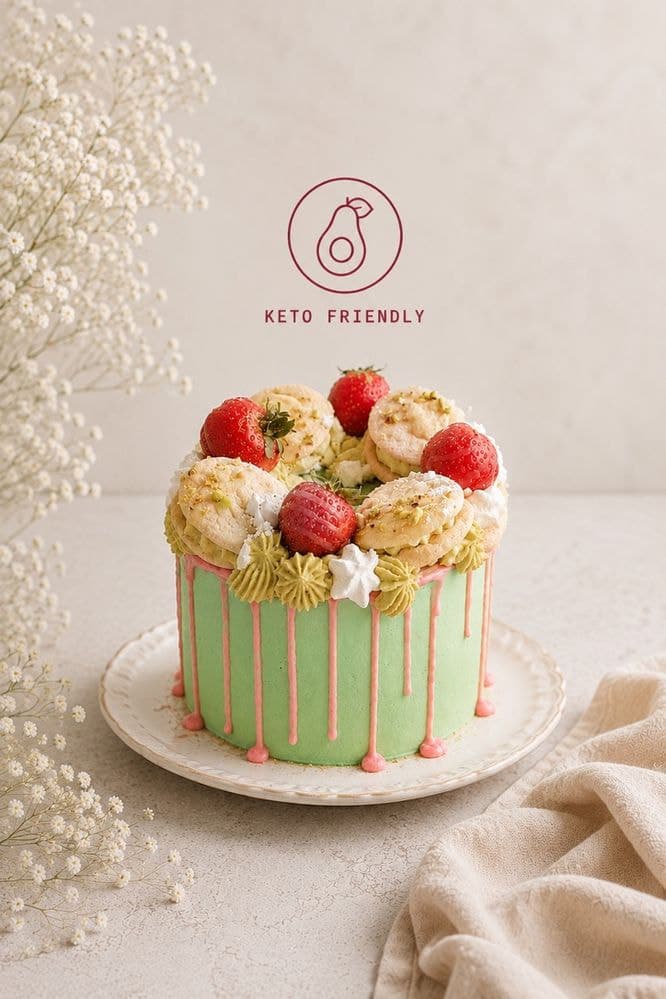 Zielony tort keto z różowymi zaciekami, truskawkami i bezami, na jasnym talerzu. Napis: keto friendly.