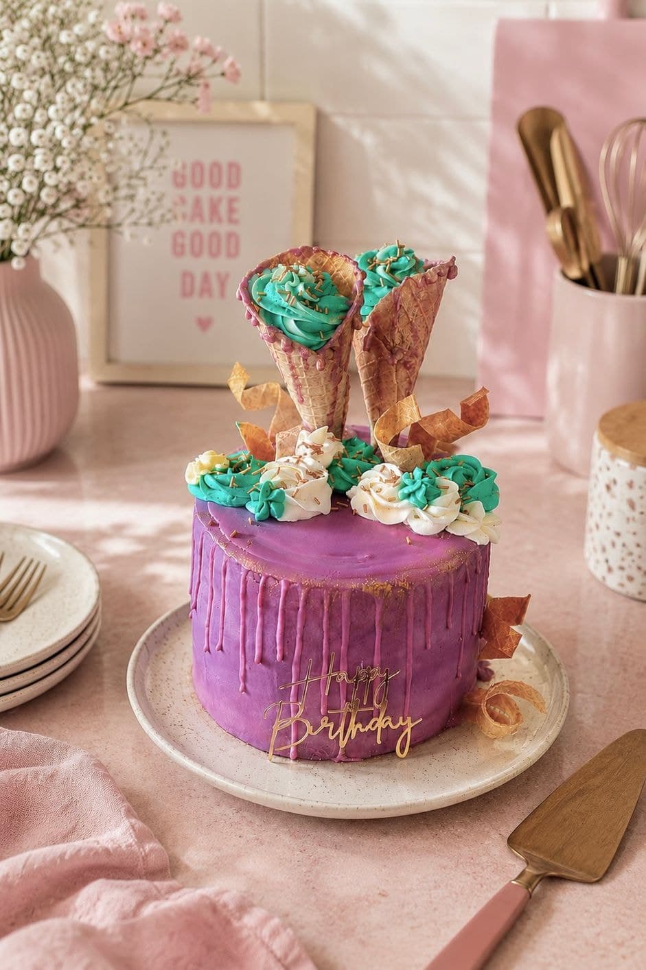 Fioletowy tort urodzinowy z turkusowymi rozetkami, waflowymi rożkami i złotym napisem Birthday.