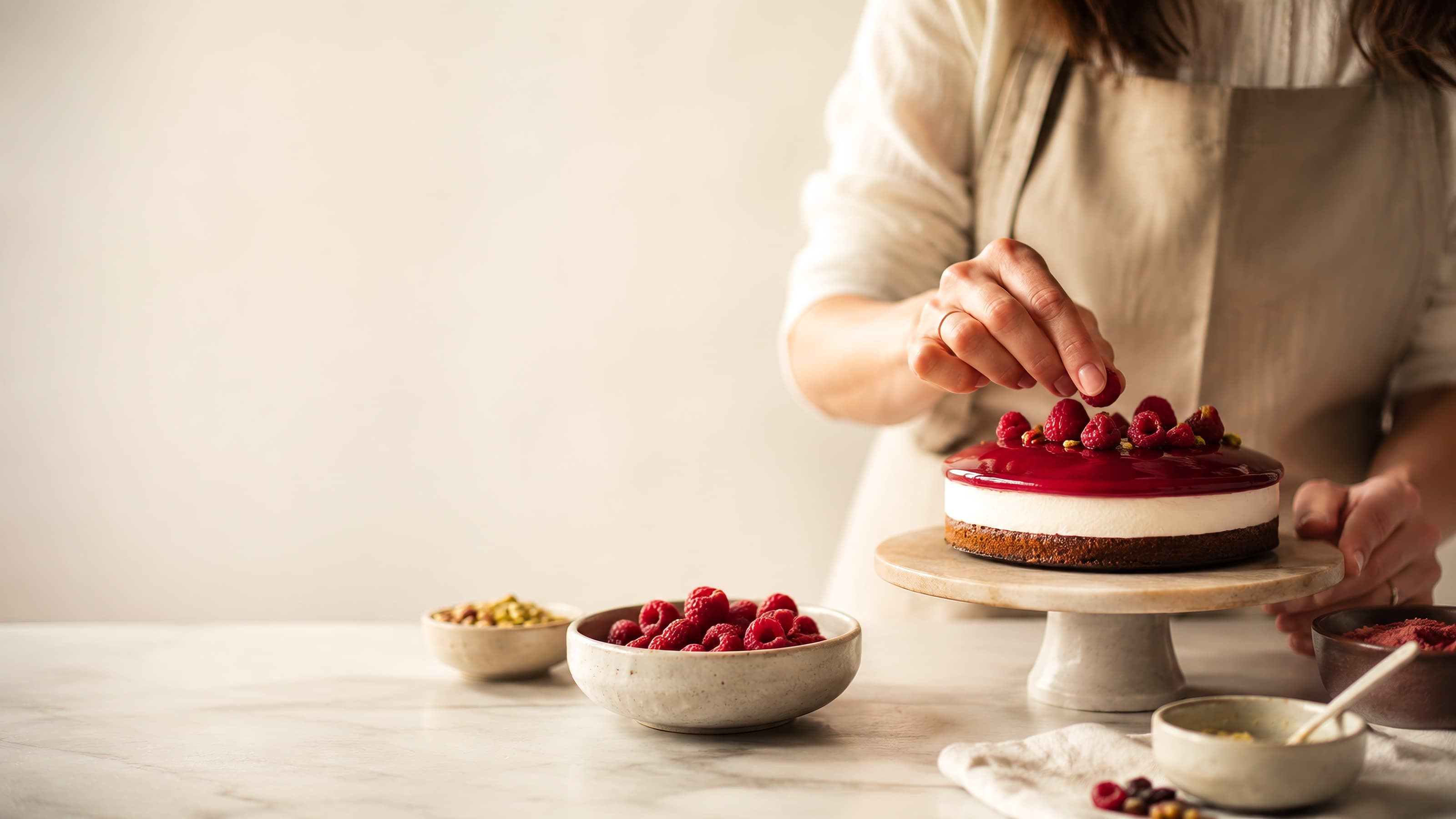 Cukierniczka dekoruje malinami bezcukrowy tort Mus Malina