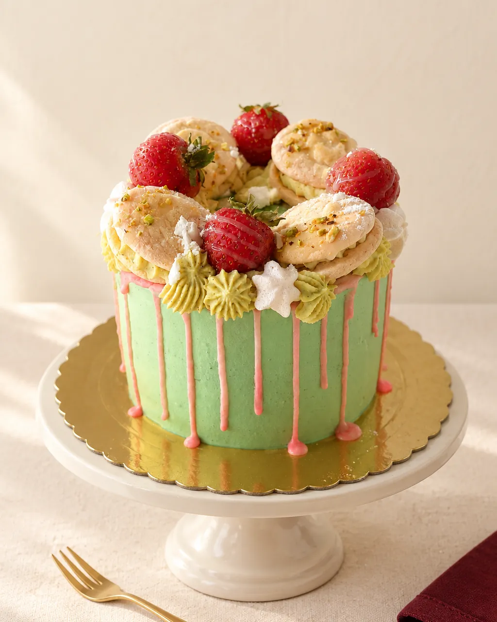 Tort Pistacja Verde na jasnej paterze, ujęcie lekko z dołu, złoty widelczyk u podstawy, jasna ściana.