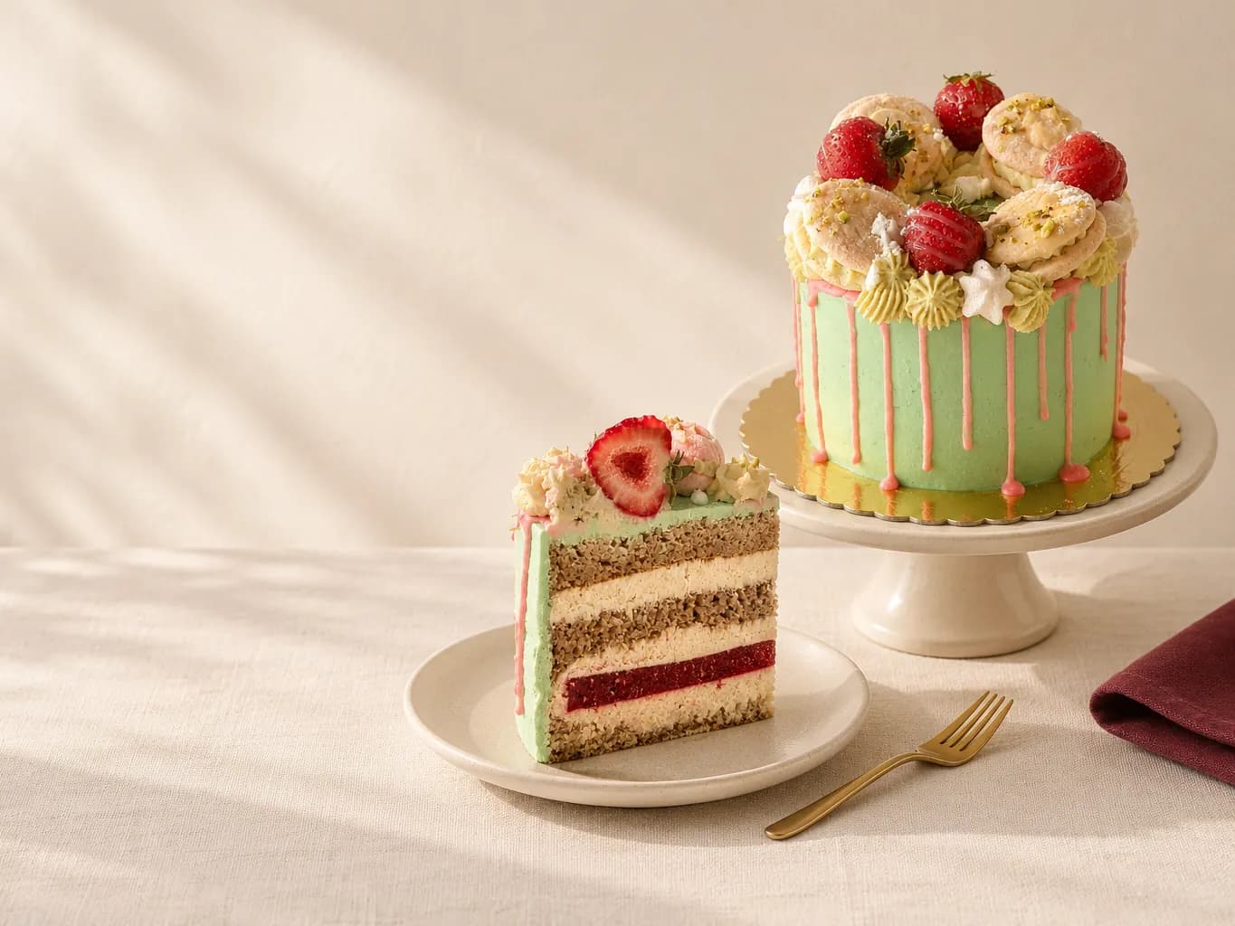 Cały tort Pistacja Verde na jasnej paterze, wyjęty kawałek przekrojem do widza, złoty widelczyk, jasny papier, światło.