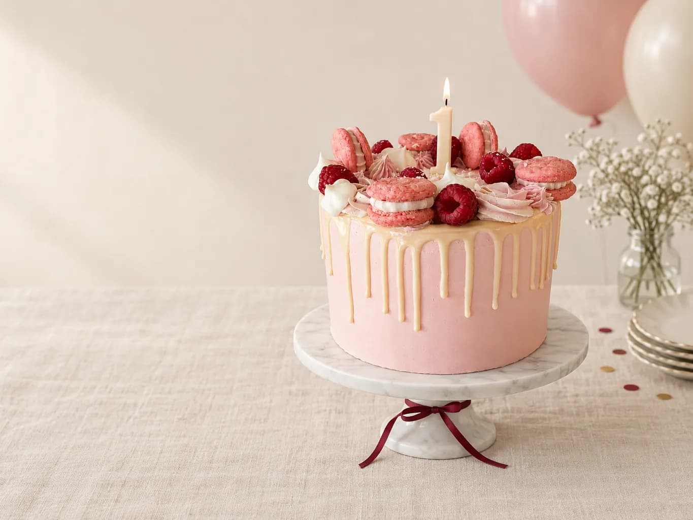 Stół na pierwsze urodziny, na marmurowej paterze różowy tort, makaroniki, maliny, świeczka cyfra 1, w tle balony.