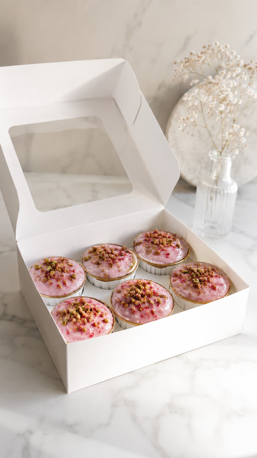 Boks sześciu czekoladowych muffinek bez nabiału z różowym kremem i pistacjami