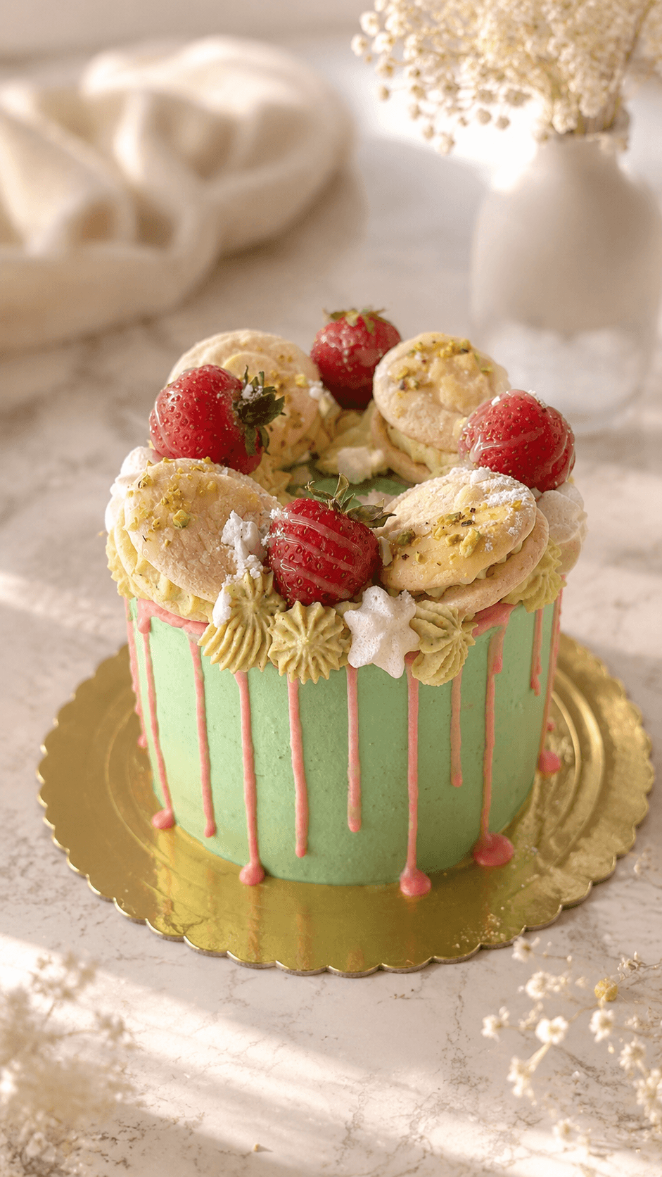 tort pistacjowy z musem malinowym