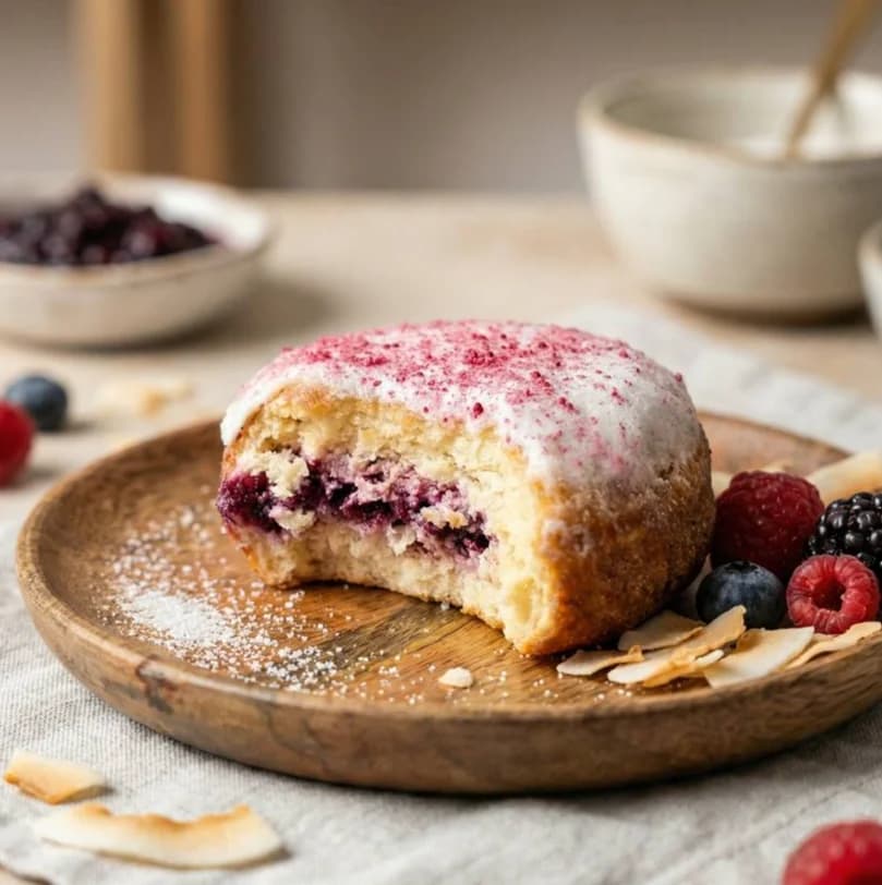 keto pączek malina aronia z lukrem